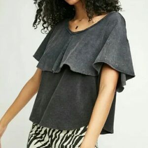 Free People We the Fee Girl Talk Tee-Gray-Ruffle/Tiered-Size M-Boho-Linen Blend